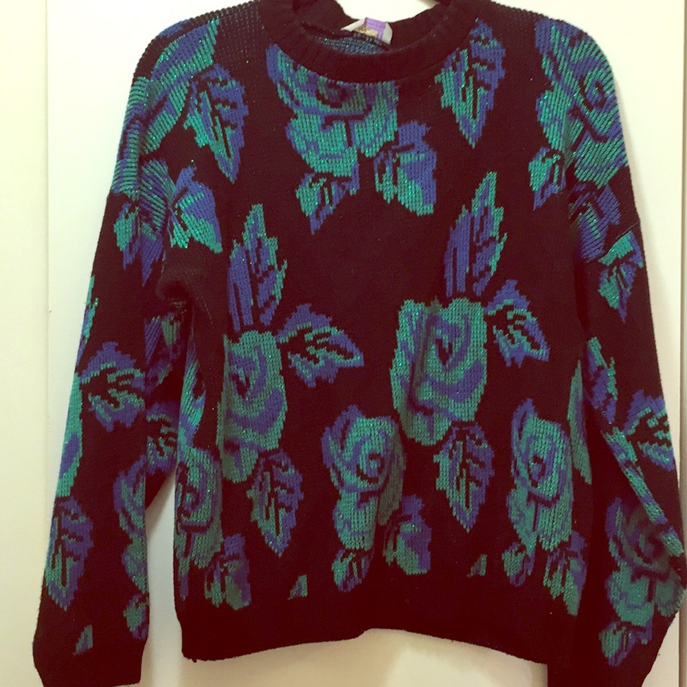Vintage Green and Blue Rose Sweater